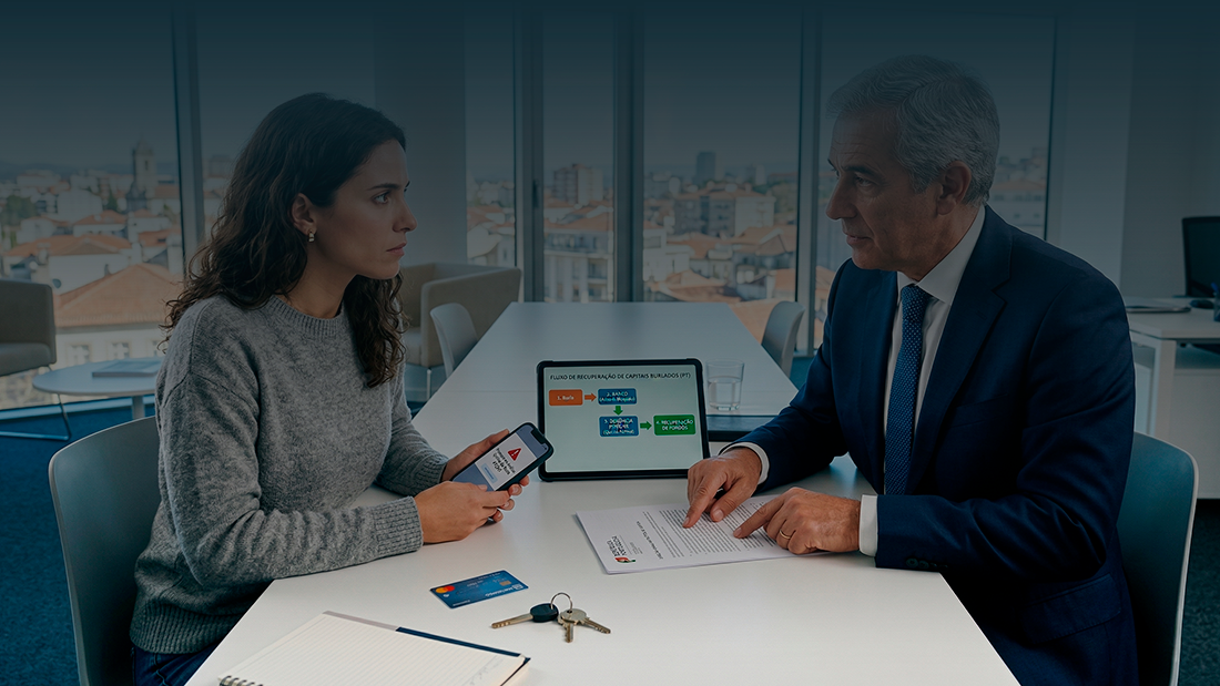 Mulher e consultor analisam passos para recuperar dinheiro de uma burla em Portugal, com foco num tablet que mostra o fluxo de denúncia e estorno bancário.