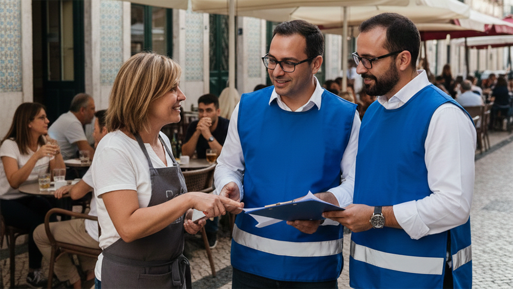 Dois fiscais municipais de colete azul conversando de forma pedagógica com uma proprietária de café numa esplanada ensolarada.