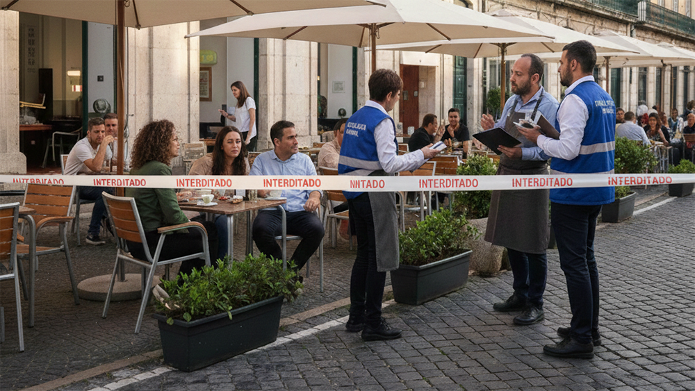 Esplanada interditada com uma fita branca e vermelha onde se lê "Interditado", com agentes da fiscalização a falar com o proprietário ao fundo.