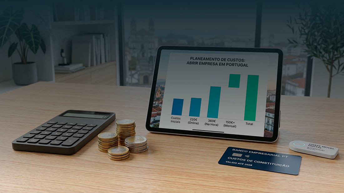 Um ecrã de tablet a exibir um gráfico de custos simulados e intemporais (220€, 360€) para abrir empresa em Portugal, ao lado de uma calculadora moderna, moedas de euro e um cartão bancário, simbolizando o planeamento financeiro.