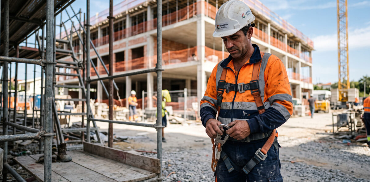 Trabalhador de capacete e arnês a verificar o equipamento de proteção antes de subir a um andaime