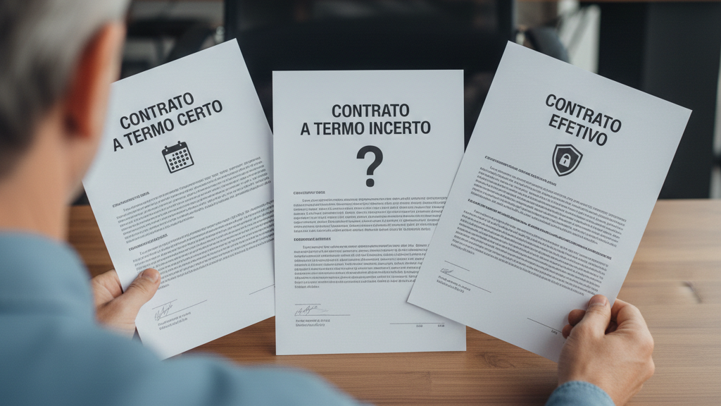 Três modelos de contrato de trabalho (termo certo, incerto e efetivo) dispostos sobre uma mesa de escritório.