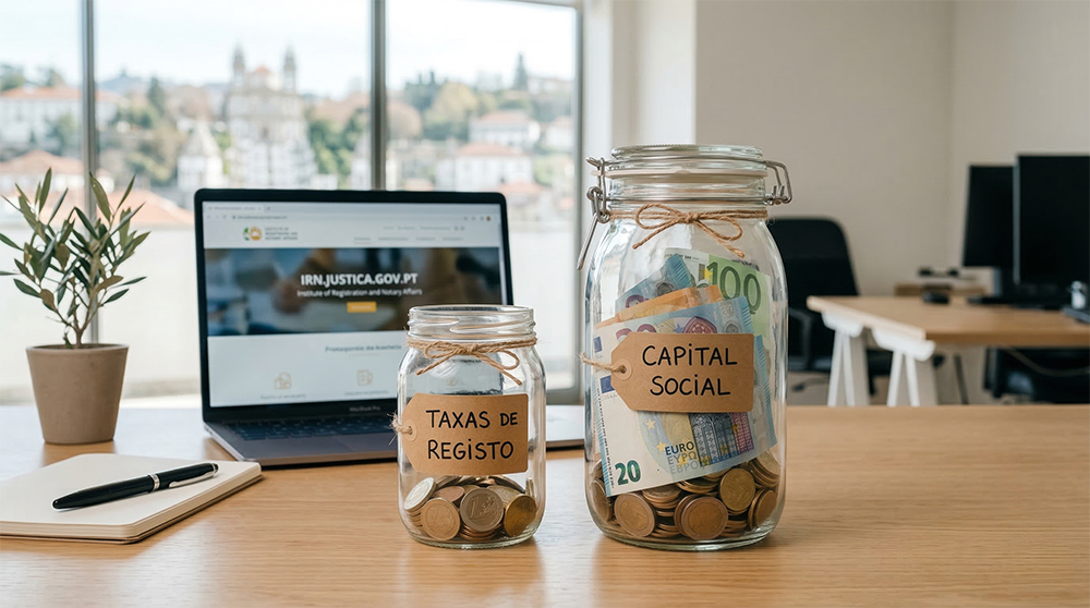 Dois recipientes de vidro transparentes simbolizando a separação entre as taxas administrativas de registo (com moedas) e o capital social (com notas e moedas) ao abrir empresa em Portugal, com o site do IRN desfocado ao fundo."