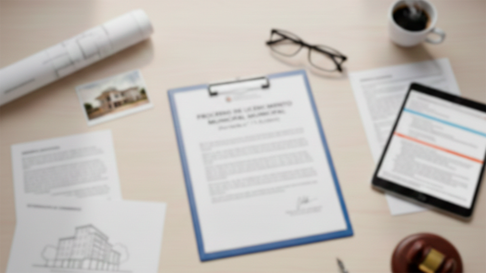 Vista aérea de uma secretária com plantas de arquitetura, memória descritiva, tablet e martelo de juiz, representando a documentação necessária para licenciamento municipal.