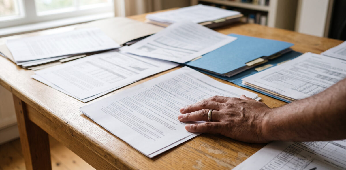 Conjunto de documentos e um recibo de vencimento espalhados sobre uma mesa, junto a uma pasta de arquivo
