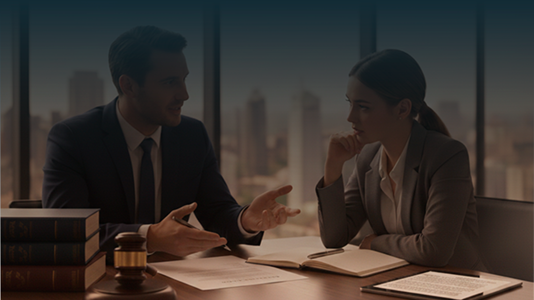 Um advogado de terno conversando com uma cliente em um escritório moderno, com livros jurídicos e um martelo de juiz sobre a mesa, sob a luz quente do pôr do sol.