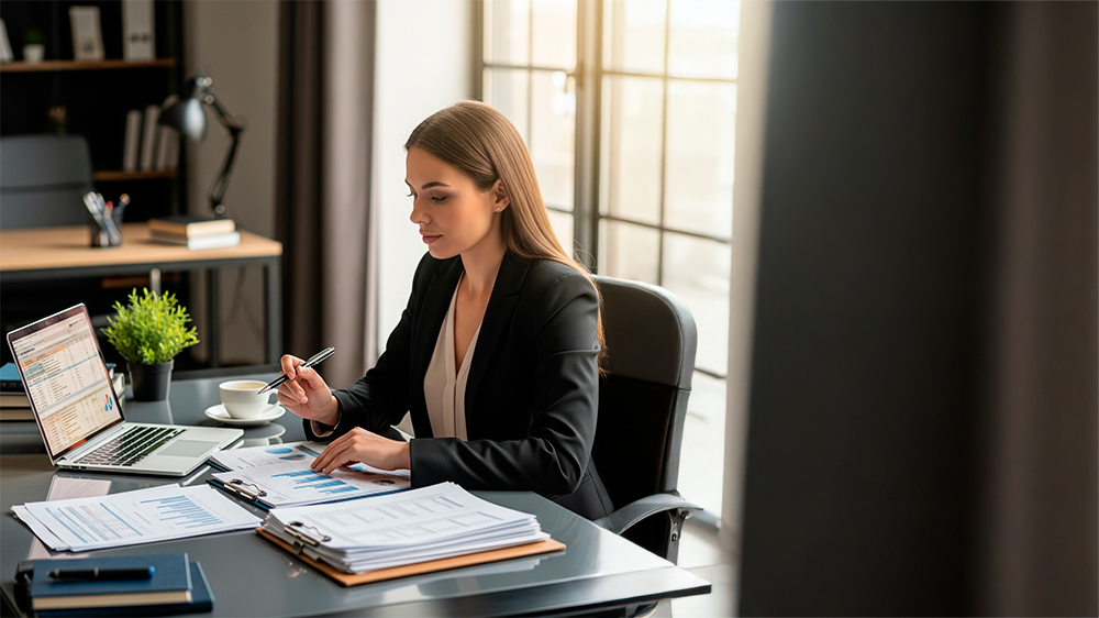 Mulher profissional em ambiente de escritório analisando atentamente documentos oficiais e gráficos de avaliação sobre uma secretária, representando a conferência de resultados administrativos.