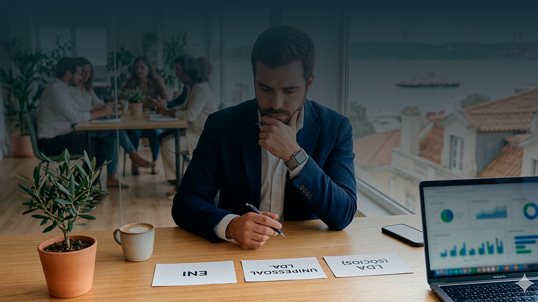 Um plano detalhado de um empreendedor português pensativo num escritório de coworking em Lisboa, analisando três cartões simulados para ENI, Unipessoal Lda. e LDA, com o site do IRN desfocado ao fundo.