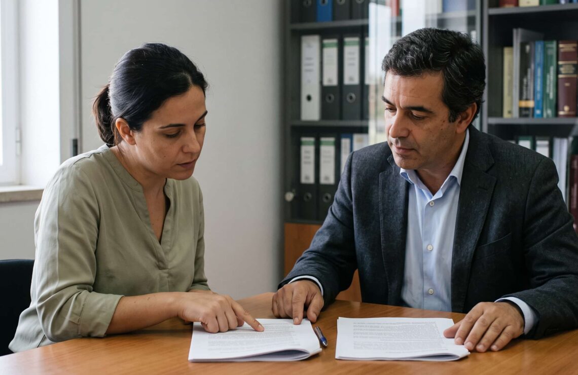 Trabalhadora a comparar dois contratos de trabalho com uma advogada durante uma reunião