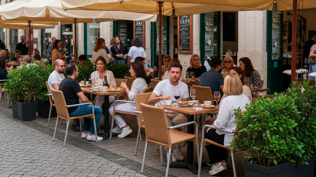 Vista de uma esplanada movimentada num centro histórico em Portugal, com clientes sentados em mesas sob chapéus de sol bege junto à fachada de um edifício tradicional.