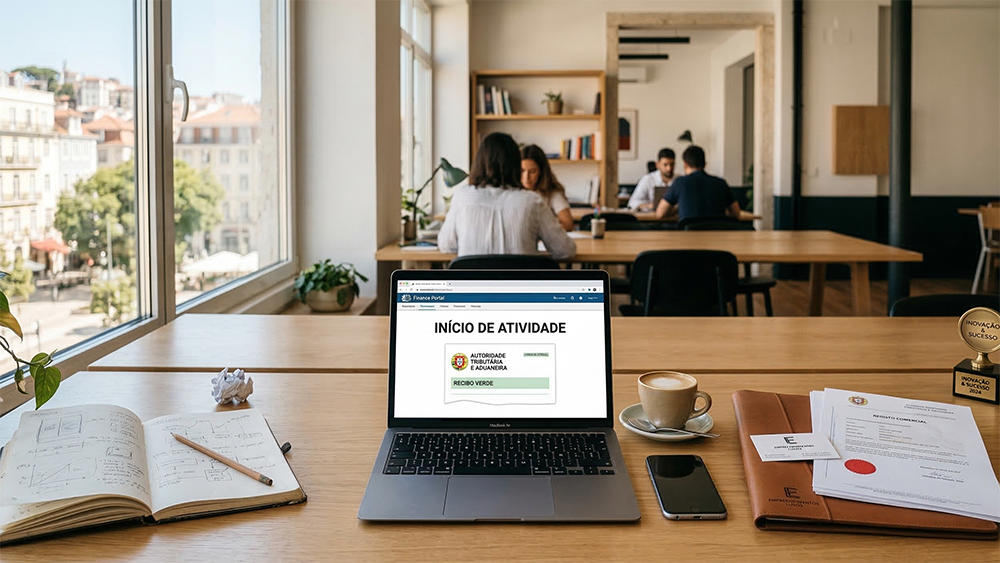 Um espaço de trabalho dividido em três áreas simbolizando a progressão de uma ideia de negócio (caderno), o início de atividade (portátil com Portal das Finanças simulado) e a formalização de uma sociedade comercial (pasta de arquivo e certificado) em Portugal.