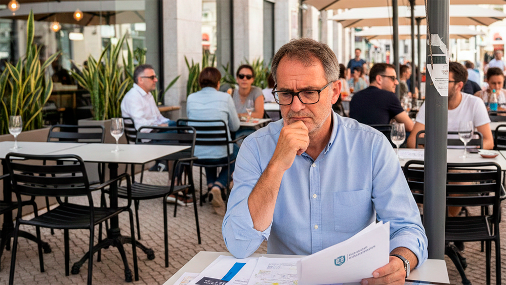 Gerente de restaurante sentado numa esplanada moderna, com ar preocupado, a analisar documentos oficiais e notificações da câmara municipal sobre o licenciamento do espaço.