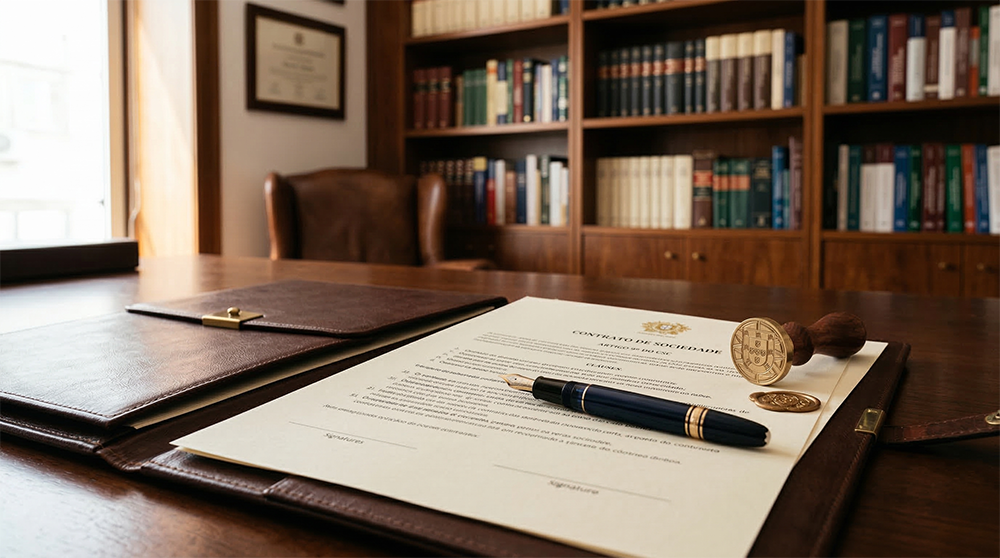 Um plano detalhado de um contrato jurídico sobre uma mesa de madeira num escritório de advocacia em Portugal, com uma caneta de aparo, carimbo e uma pasta de pele, simbolizando a constituição de uma sociedade comercial.