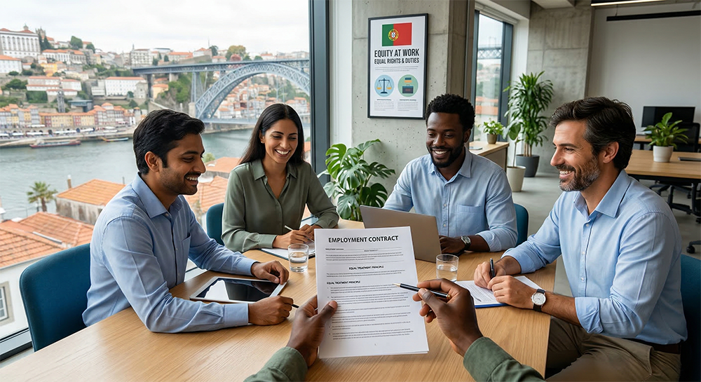 Uma equipa diversa de quatro profissionais numa reunião num escritório moderno no Porto, revendo um contrato de trabalho em inglês focado no princípio de igualdade de tratamento. A Ponte Luís I e o rio Douro são visíveis através da janela ao fundo.