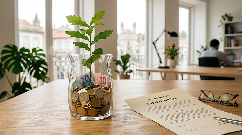 Um vaso de vidro transparente com uma planta jovem a crescer a partir de moedas de euro e notas de 20 e 50 euros, ao lado de um documento com a frase 'CAPITAL SOCIAL' legível no topo, sobre uma mesa de escritório em Braga, Portugal.