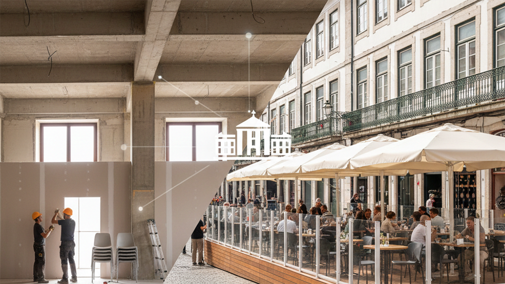 Imagem dividida ao meio: no lado esquerdo, operários realizam obras no interior de um restaurante; no lado direito, uma esplanada com deck de madeira e clientes, ilustrando diferentes tipos de licenciamento municipal.