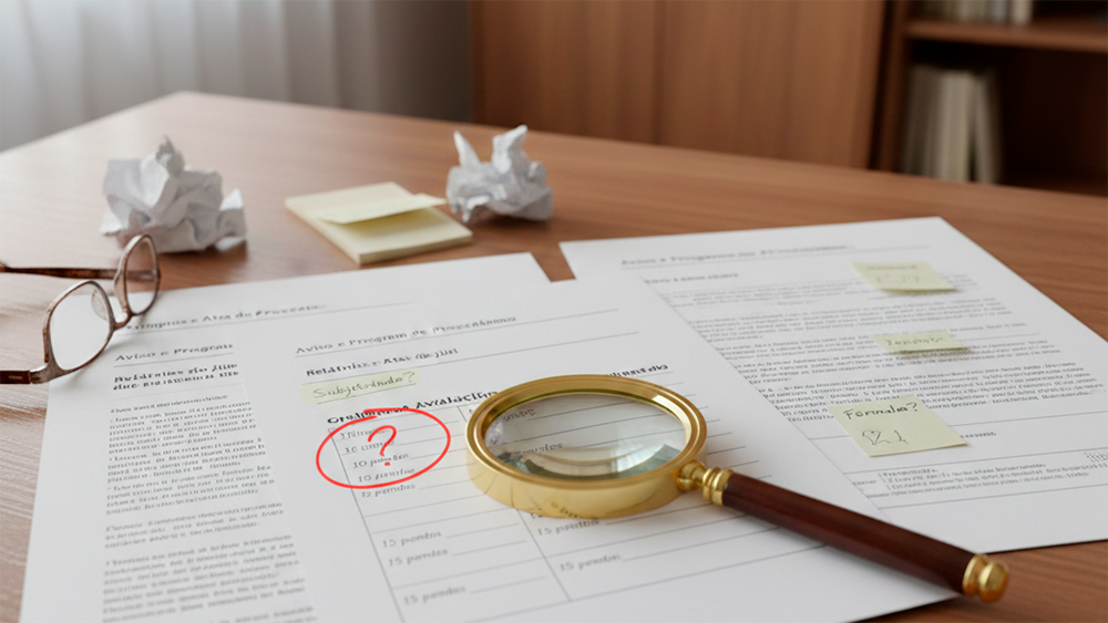 Lupa sobre documentos de concurso público com anotações e questões, destacando seções sobre aviso, relatórios do júri e grelhas de avaliação, simbolizando a identificação de irregularidades.