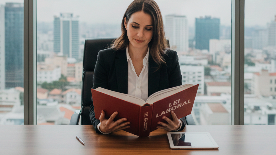 Uma mulher num escritório moderno a ler um livro jurídico vermelho com o título "LEI LABORAL" escrito na capa.