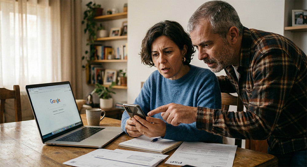 Casal sentado à mesa, a mulher com blusa azul olha confusa para o telemóvel que mostra uma mensagem suspeita. O homem de camisa de flanela aponta preocupado para o ecrã. Foco na expressão de dúvida e na tecnologia.