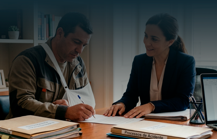 Uma advogada e o seu cliente, um homem com o braço numa tipóia, estão sentados numa mesa de escritório. Eles olham para documentos do processo de pedido de indemnização. Ambos têm expressões focadas e profissionais. O homem está a assinar um papel.