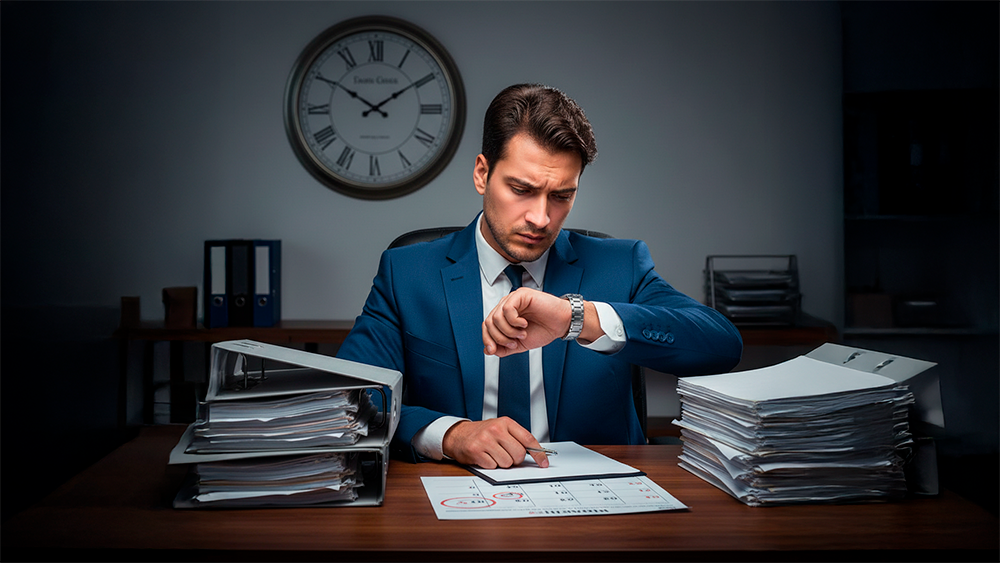 Fotografia de um homem em fato azul sentado a uma secretária de madeira, com uma expressão de preocupação e foco enquanto consulta o seu relógio de pulso prateado. À sua frente, estão pilhas altas de processos em dossiers e papéis soltos. Sobre a mesa, destaca-se um calendário com datas circuladas a vermelho. Ao fundo, na parede cinzenta, um grande relógio analógico clássico reforça a ideia de passagem do tempo. A iluminação é sóbria e o ambiente transmite uma sensação de urgência e rigor profissional.
