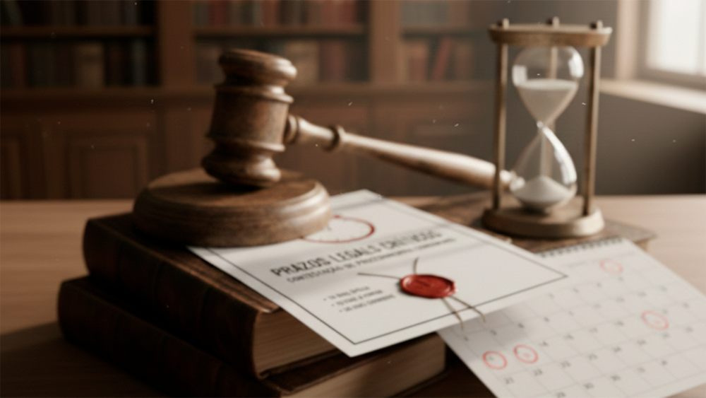 Ambiente jurídico desfocado com martelo de juiz, ampulheta e calendário sobre uma mesa de madeira, simbolizando a urgência dos prazos legais em concursos públicos.