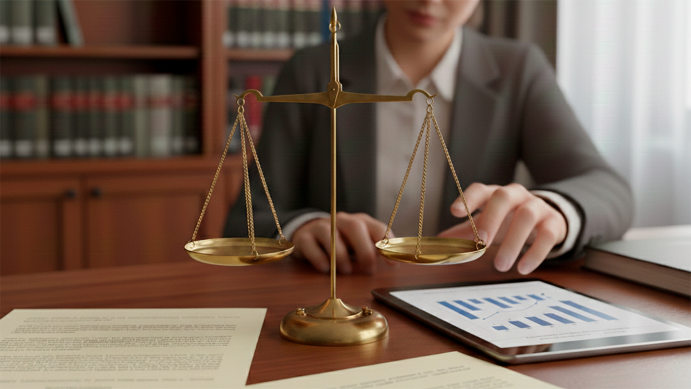 Representação visual da justiça e legalidade administrativa: uma balança de precisão equilibrada ao lado de documentos legais e um tablet, simbolizando os princípios da transparência e igualdade em concursos públicos.