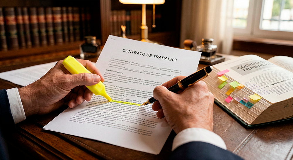 Mãos de advogado experiente a realçar cláusulas de um contrato de trabalho com caneta e marcador, com livro de direito aberto ao lado, num escritório.