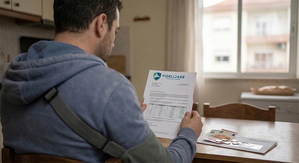 Vista de costas de um homem com o braço numa tipoia cinzenta, sentado à mesa da cozinha, segurando e lendo uma carta oficial com o logótipo da seguradora "Fidelidade". Sobre a mesa, dinheiro (notas e moedas de euro) está colocado sobre um envelope da mesma seguradora, ilustrando a responsabilidade de pagamento da seguradora após um acidente laboral.