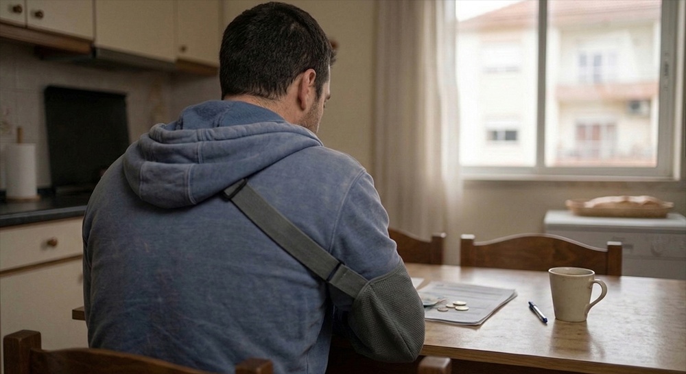 Vista de costas de um homem com o braço direito imobilizado numa tipoia cinzenta, sentado à mesa de uma cozinha. À sua frente, encontram-se faturas, uma caneta, uma caneca e uma pequena quantia de dinheiro (notas de euro e moedas), simbolizando o recebimento de prestações por incapacidade.