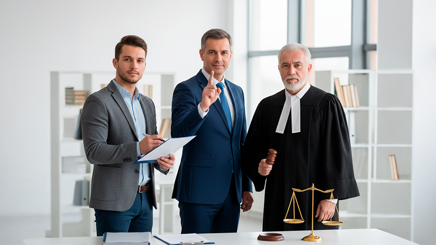 Fotografia de três homens representando as vias legais: à esquerda, um jovem profissional escreve numa prancheta (Reclamação); ao centro, um homem em fato aponta para cima (Recurso Hierárquico); à direita, um juiz com toga segura um martelo de madeira junto a uma balança de ouro (Tribunal). O fundo é um escritório moderno e luminoso.