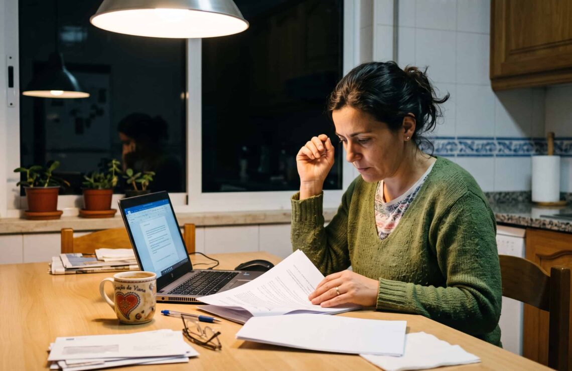 Pessoa a reler à mesa de casa, ao fim do dia, um contrato de trabalho já assinado