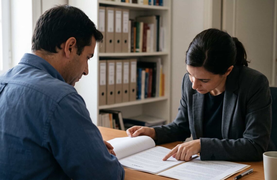 Trabalhador a rever um contrato de trabalho com uma advogada antes de o assinar