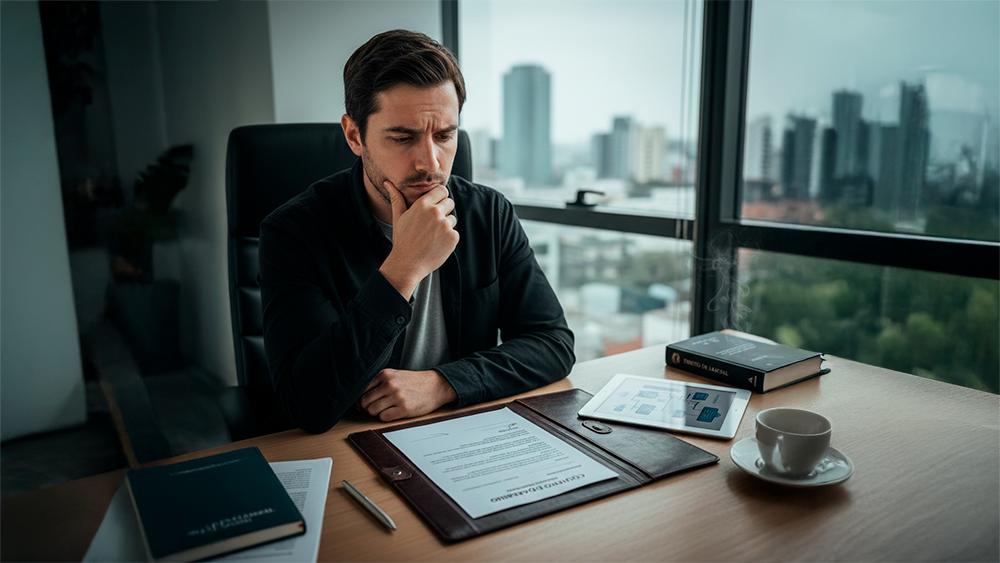 Homem jovem com expressão pensativa e preocupada, vestido de forma casual, a olhar para um contrato de trabalho aberto numa pasta sobre a secretária, hesitando antes de assinar.