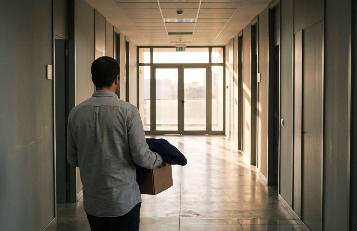 Trabalhador a sair do escritório com uma caixa de pertences no último dia de trabalho