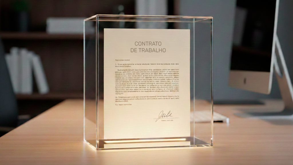 Contrato de trabalho assinado protegido numa caixa, simbolizando segurança e estabilidade.