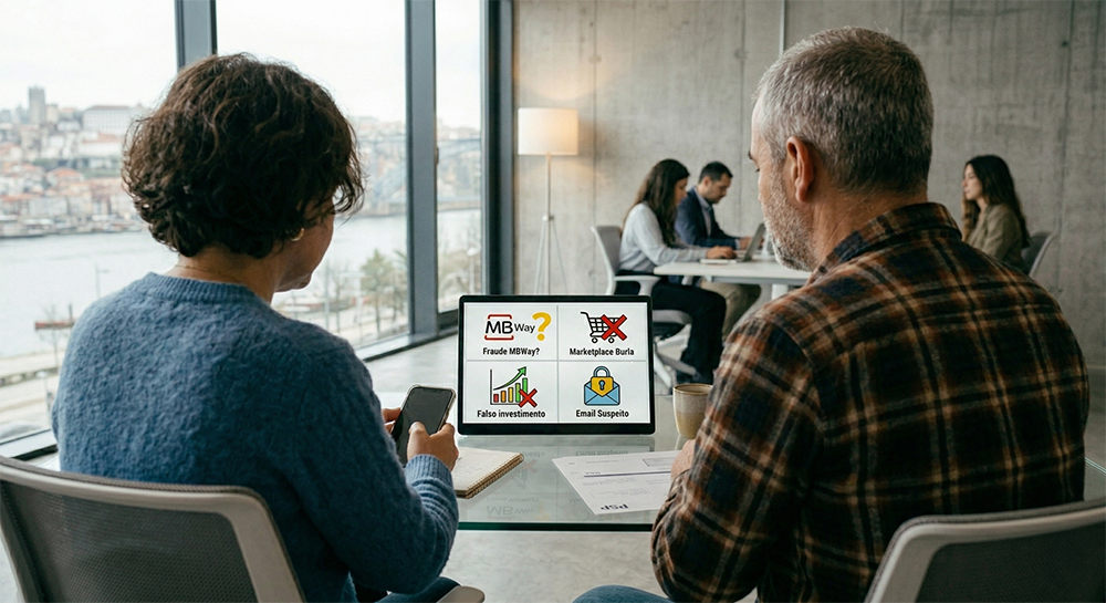 Vista de costas de um casal a analisar um infográfico num tablet sobre burlas comuns em Portugal: MB Way, Marketplace, investimentos e e-mails suspeitos.