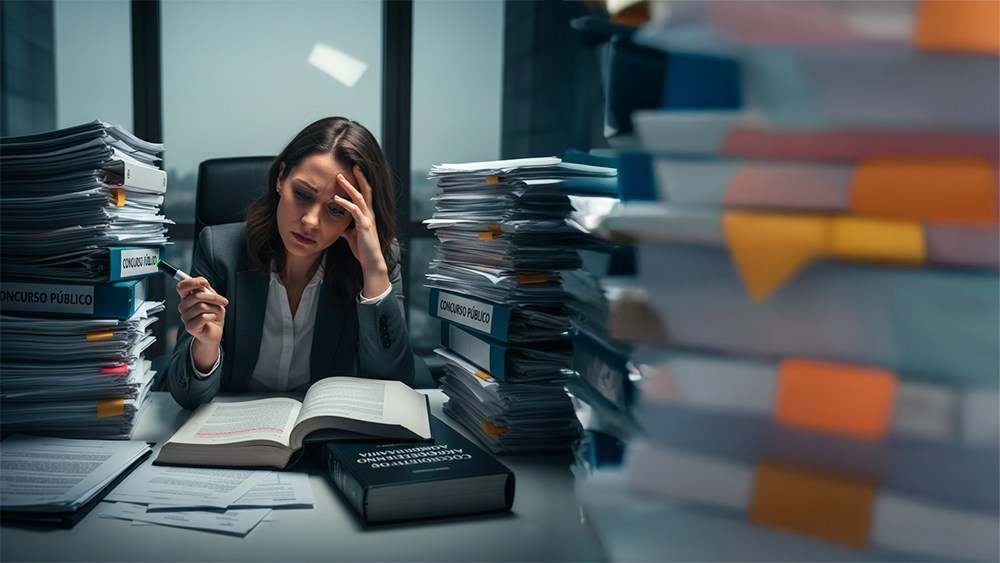 Candidata a concurso público sentada a uma mesa de escritório, analisando documentos oficiais com expressão de dúvida e preocupação, tendo um livro jurídico sem texto em primeiro plano.