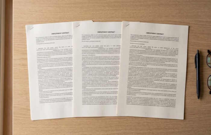 Três contratos de trabalho impressos lado a lado sobre uma secretária, para comparar os tipos de contrato