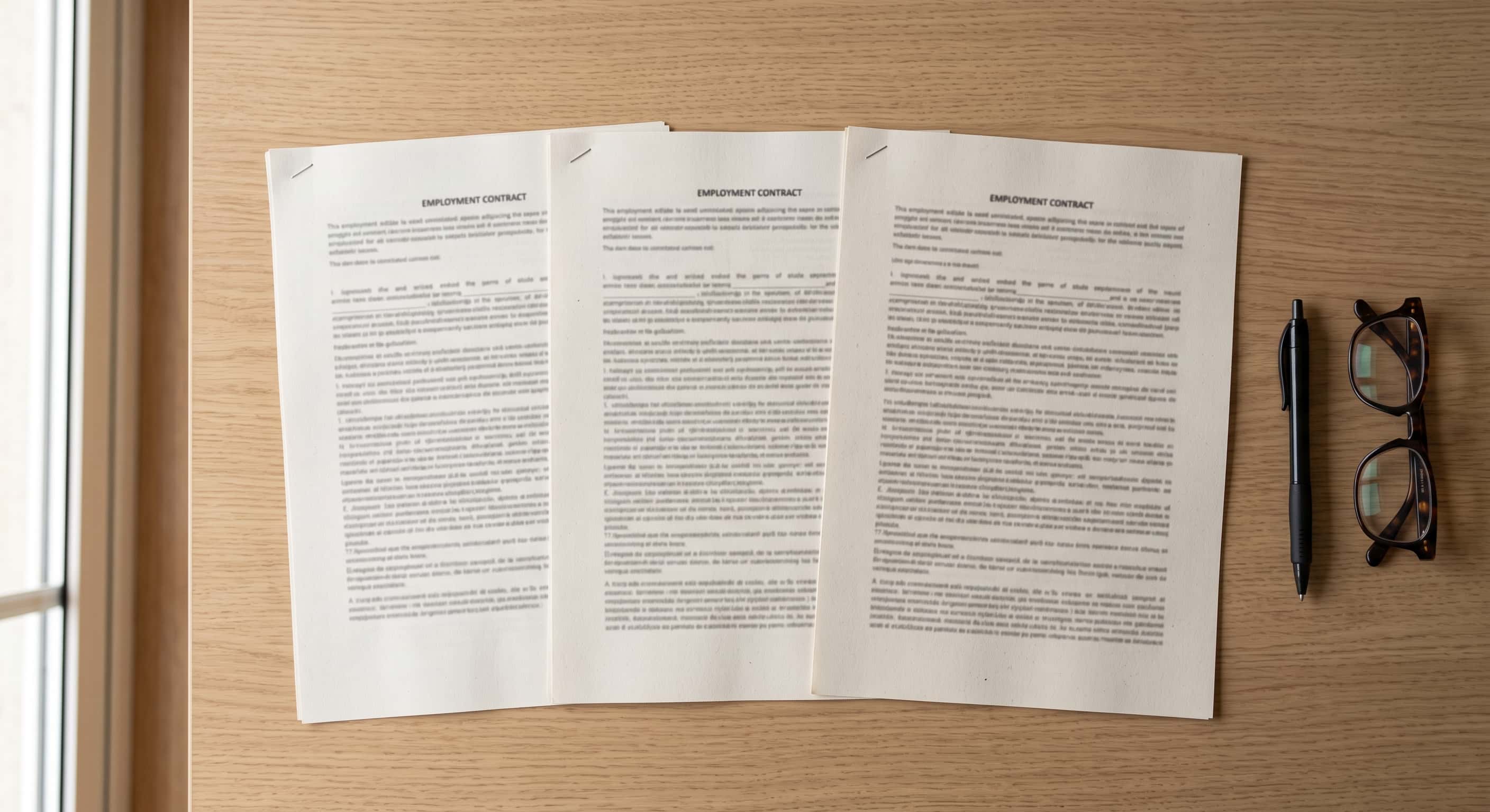 Três contratos de trabalho impressos lado a lado sobre uma secretária, para comparar os tipos de contrato