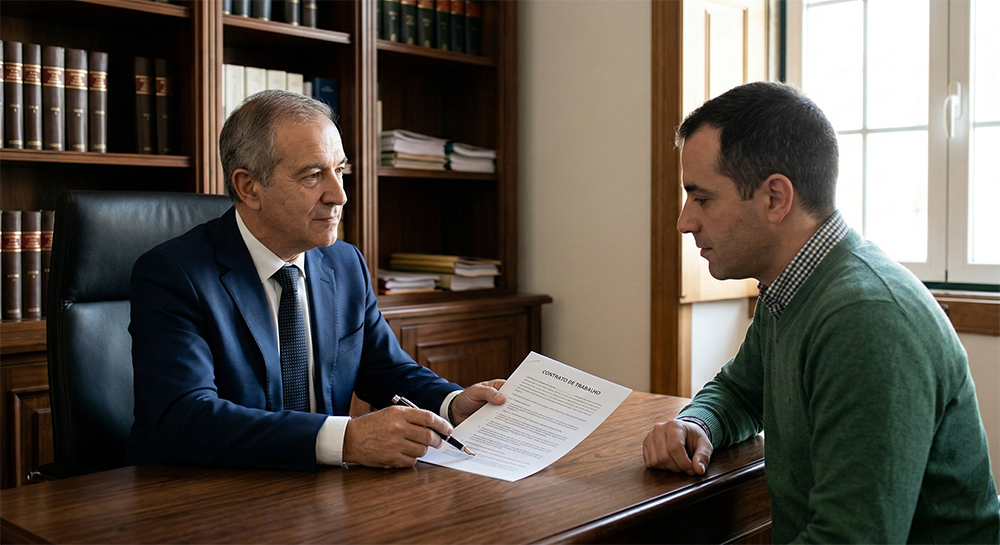 Advogado laboral experiente esclarece as cláusulas de um contrato de trabalho a um trabalhador atento num escritório de advocacia.
