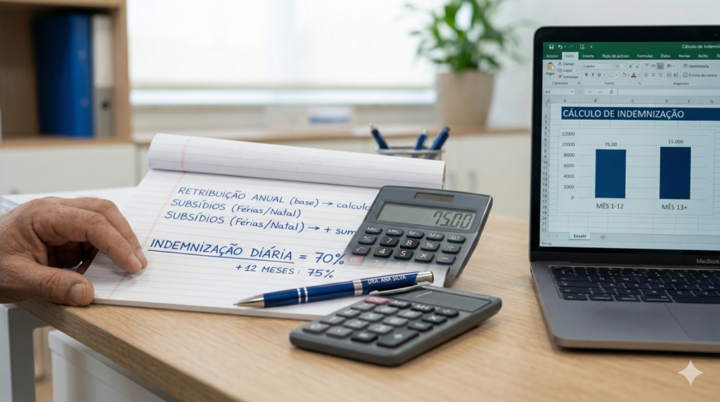 Calculadora e notas sobre o cálculo de 70% da retribuição para indemnização por acidente de trabalho.
