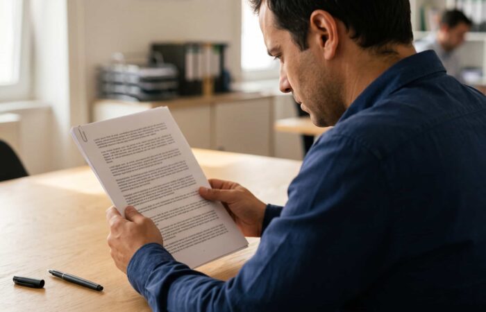Pessoa a ler com atenção um contrato de trabalho antes de assinar, sobre a mesa de reuniões