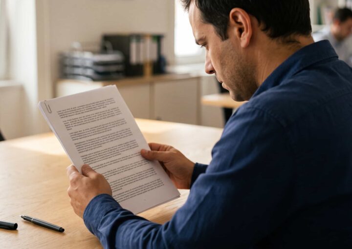 Pessoa a ler com atenção um contrato de trabalho antes de assinar, sobre a mesa de reuniões
