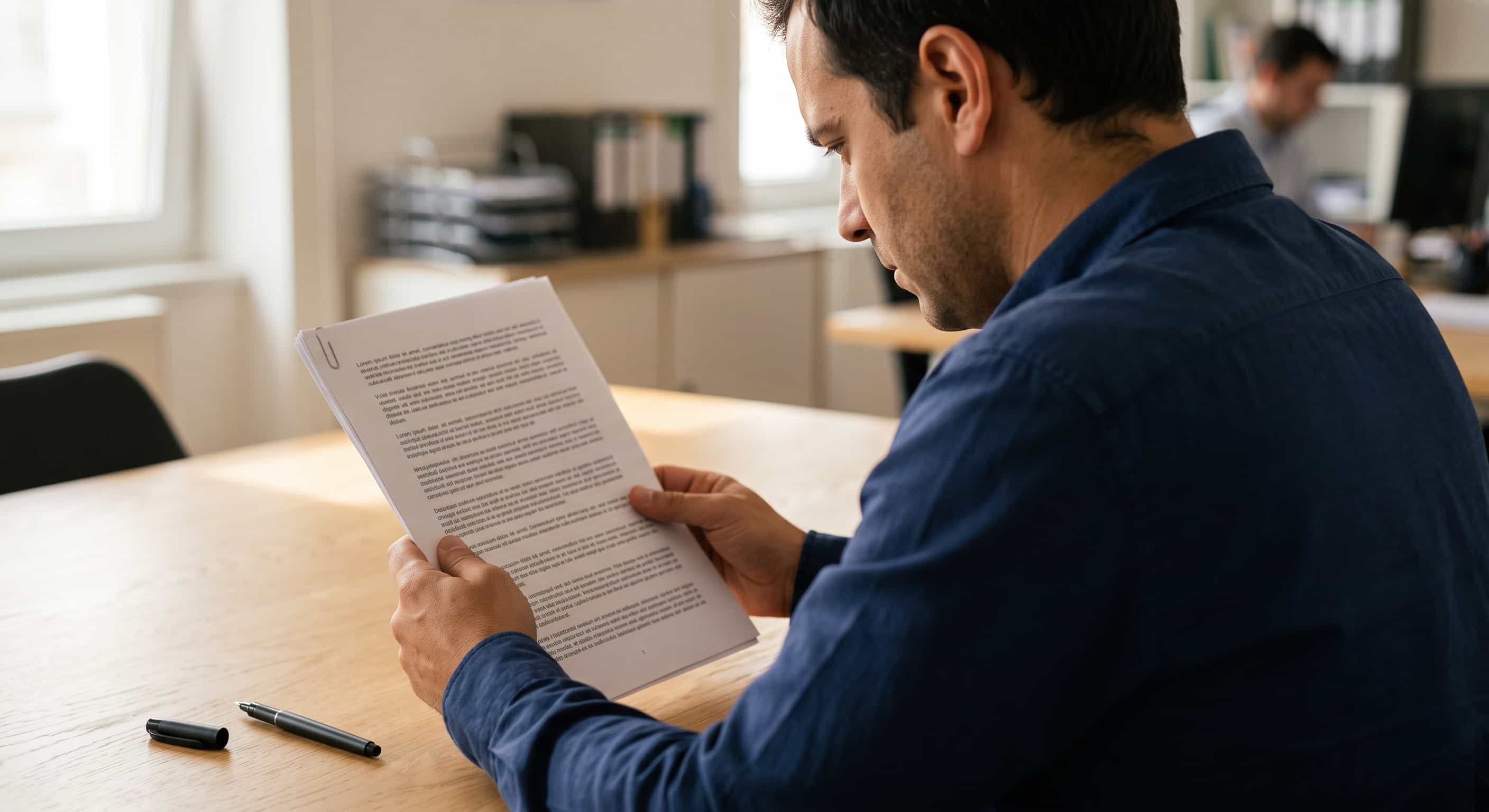 Pessoa a ler com atenção um contrato de trabalho antes de assinar, sobre a mesa de reuniões