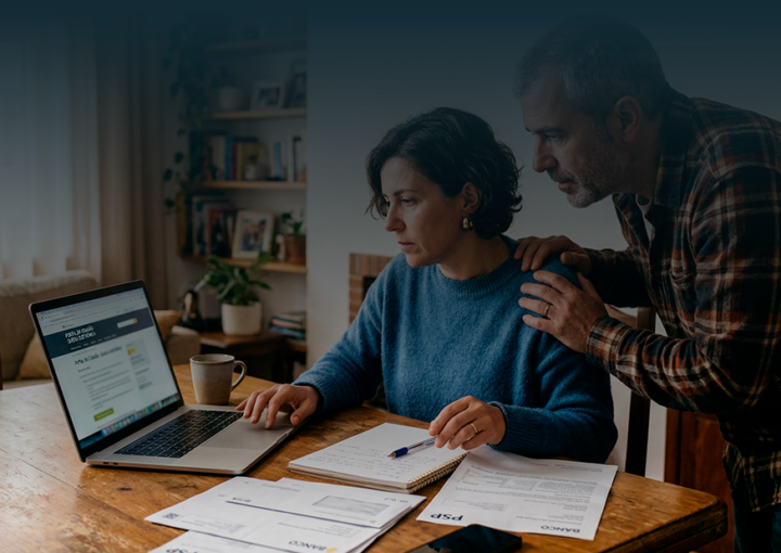 Homem preocupado sentado à mesa com computador e documentos, a receber apoio de uma mulher que lhe toca no ombro. Contexto de resolução de burla em Portugal.