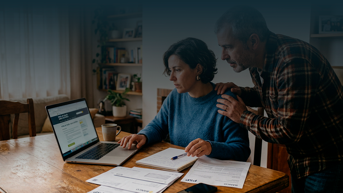 Homem preocupado sentado à mesa com computador e documentos, a receber apoio de uma mulher que lhe toca no ombro. Contexto de resolução de burla em Portugal.