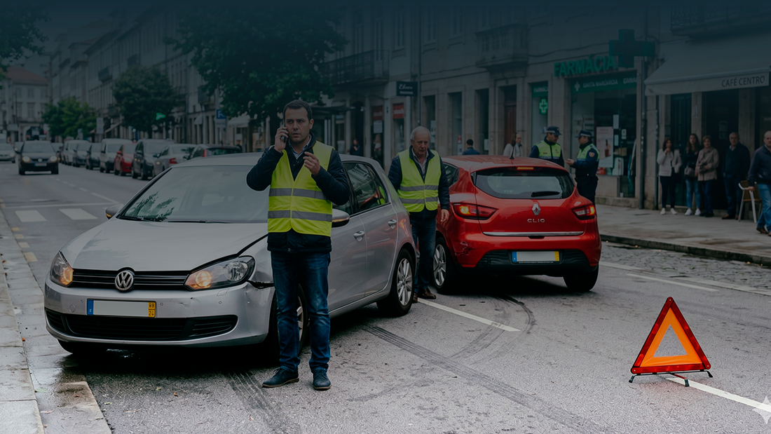Condutores com coletes refletores após acidente de viação a sinalizar a estrada e a pedir assistência.