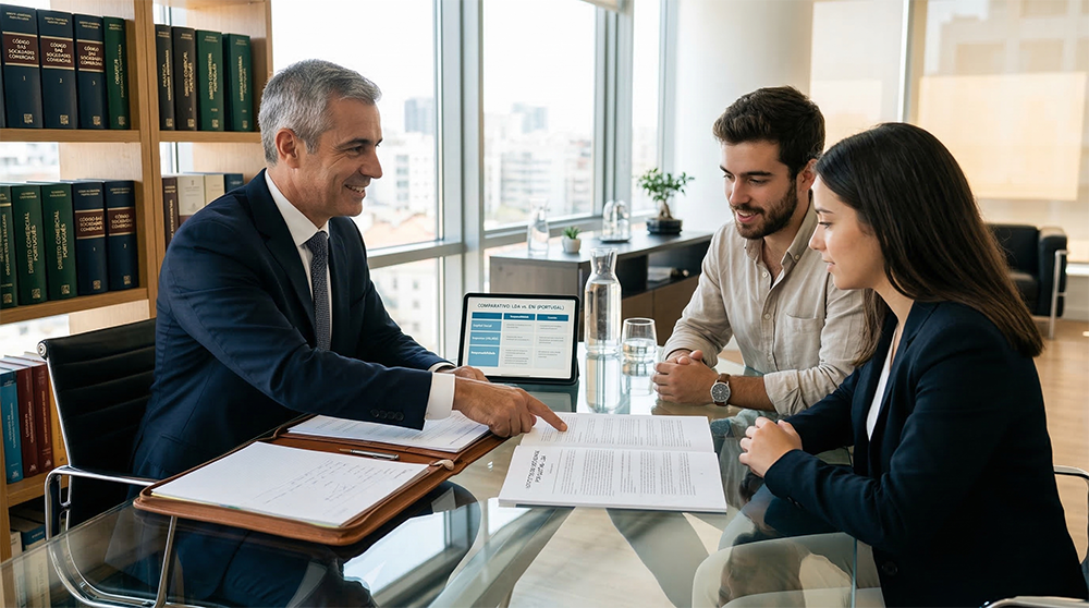 Fotografia de estilo editorial de um advogado comercial num escritório moderno, apontando para documentos jurídicos enquanto explica o processo de abertura de empresa em Portugal a um casal de jovens empreendedores. Sobre a mesa de vidro, vê-se um tablet com gráficos e uma pasta de couro.