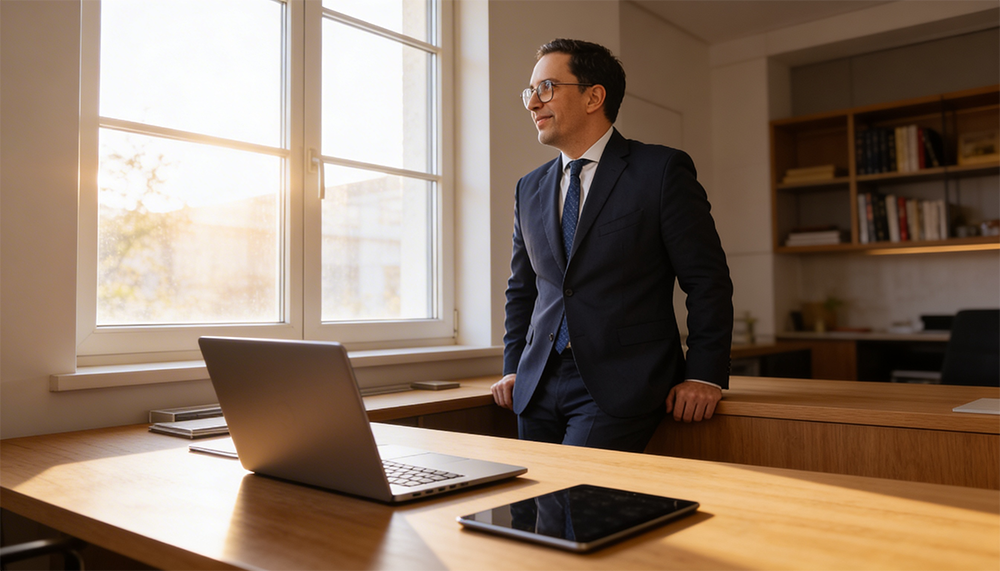 Advogado em pé num escritório moderno e luminoso, encostado à secretária de madeira com um portátil, olhando pensativamente para a janela.